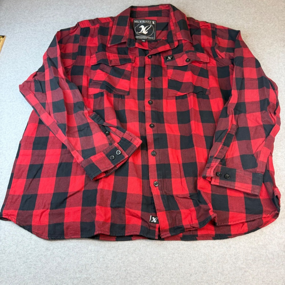 Milwaukee Performance Mens 4XL Red Black Buffalo Plaid Long Sleeve Button Shirt